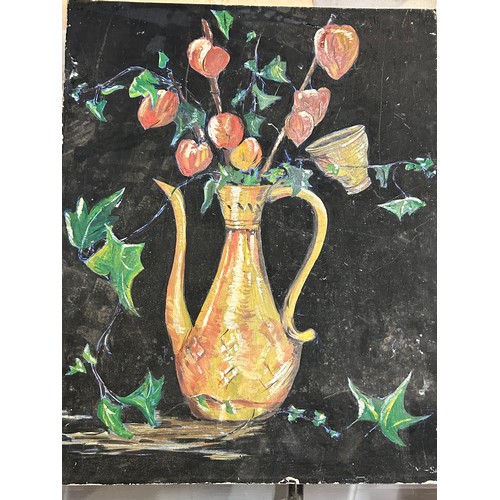 163 - ORIGINAL MID CENTURY STILL LIFE OIL ON BOARD PAINTING OF CHINESE LANTERN FLOWERS IN A JUG ENTITLED 