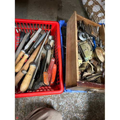 166 - TWO BOXES OF TOOLS AND HARDWARE TO INCLUDE FILES, RASPS, VINTAGE LOCKS, BOLTS, SCREWS ETC