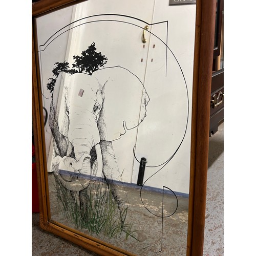 113 - DECORATIVE MIRROR IN BAMBOO TYPE FRAME WITH ELEPHANT AND CALF DESIGN