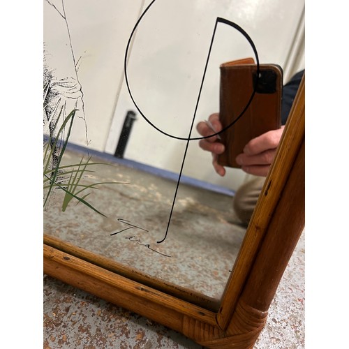 113 - DECORATIVE MIRROR IN BAMBOO TYPE FRAME WITH ELEPHANT AND CALF DESIGN