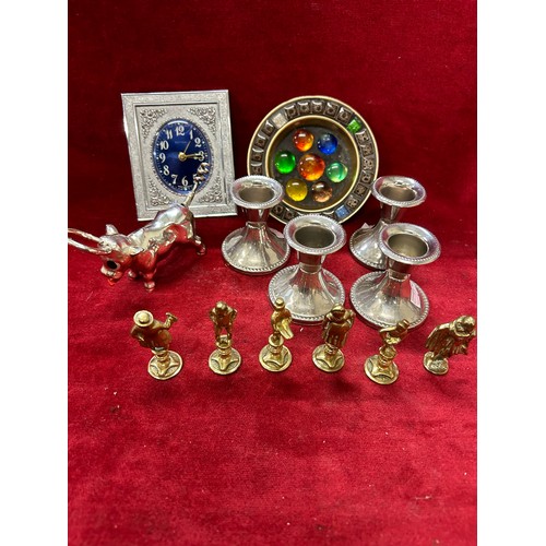 131 - MIXED LOT TO INCLUDE 4 SILVER PLATED CANDLESTICKS, A BULL BOTTLE OPENER (AF), A WEST GERMAN MECHANIC... 