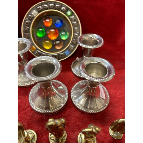 131 - MIXED LOT TO INCLUDE 4 SILVER PLATED CANDLESTICKS, A BULL BOTTLE OPENER (AF), A WEST GERMAN MECHANIC... 