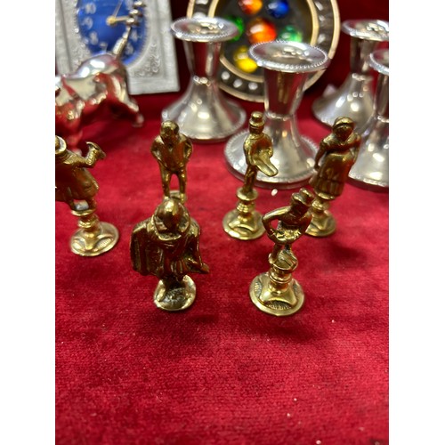 131 - MIXED LOT TO INCLUDE 4 SILVER PLATED CANDLESTICKS, A BULL BOTTLE OPENER (AF), A WEST GERMAN MECHANIC... 