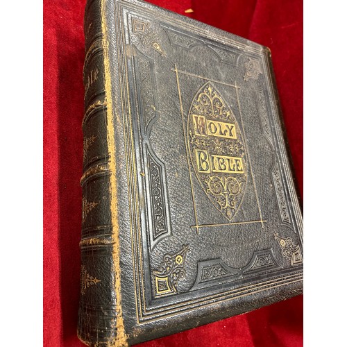 132 - A VICTORIAN BROWN'S FAMILY BIBLE WITH LEATHER BINDING - FAMILY ENTRIES FOR BRIDGES FAMILY SPALDING -... 