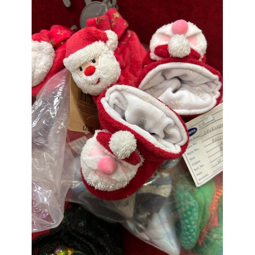 184 - A BAG OF BABY &  TODDLERS SLIPPERS - SOME XMAS THEMED, A BAG OF MARBLES AND A WOODBURNING IRON FOR C... 