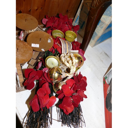 346 - PAIR OF CHRISTMAS TABLE CENTRES WITH CANDLE HOLDERS. 3 X RUSTIC CHRISTMAS TREE CANDLE HOLDERS, LARGE... 