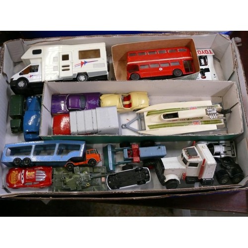 363 - COLLECTABLE VINTAGE DIE-CAST VEHICLES. INC MOTOR HOME, RED LONDON BUS, BIN LORRY, SPEEDBOAT, TRUCKS ... 