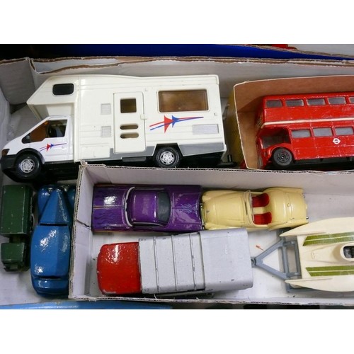 363 - COLLECTABLE VINTAGE DIE-CAST VEHICLES. INC MOTOR HOME, RED LONDON BUS, BIN LORRY, SPEEDBOAT, TRUCKS ... 