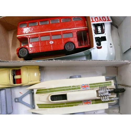 363 - COLLECTABLE VINTAGE DIE-CAST VEHICLES. INC MOTOR HOME, RED LONDON BUS, BIN LORRY, SPEEDBOAT, TRUCKS ... 