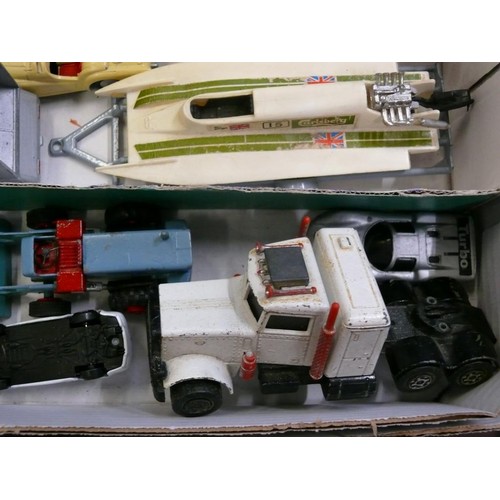 363 - COLLECTABLE VINTAGE DIE-CAST VEHICLES. INC MOTOR HOME, RED LONDON BUS, BIN LORRY, SPEEDBOAT, TRUCKS ... 