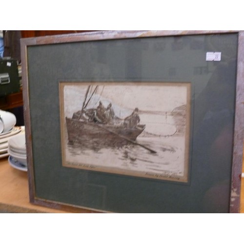 372 - AN ORIGINAL PEN & WASH 'TRAWL-NET LOCH FYNE' DRAWN BY DAVID MURRAY, SIGNED 1880. FRAMED.