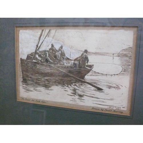 372 - AN ORIGINAL PEN & WASH 'TRAWL-NET LOCH FYNE' DRAWN BY DAVID MURRAY, SIGNED 1880. FRAMED.