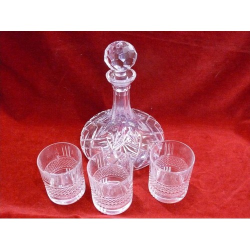 379 - LEAD CRYSTAL SHIPS DECANTER WITH STOPPER TOGETHER WITH 3 X LARGE WHISKEY TUMBLERS.