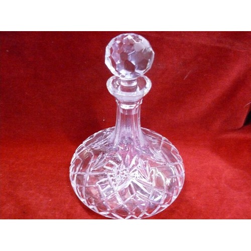 379 - LEAD CRYSTAL SHIPS DECANTER WITH STOPPER TOGETHER WITH 3 X LARGE WHISKEY TUMBLERS.