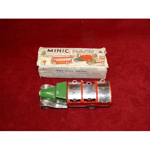 381 - TRI-ANG MINIC MINIATURE CLOCKWORK TIN-PLATE & DIE-CAST TRUCK. NO KEY. WITH BOX.