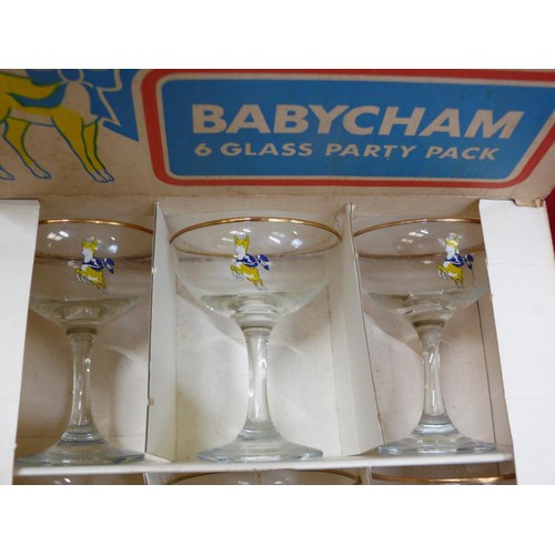 388 - LOVELY SET OF 6 RETRO BABYCHAM GLASSES IN ORIGINAL 'PARTY PACK' BOX