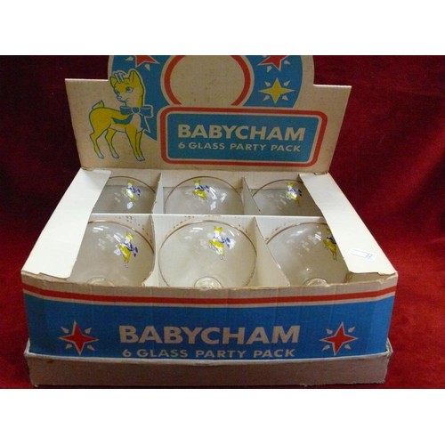 388 - LOVELY SET OF 6 RETRO BABYCHAM GLASSES IN ORIGINAL 'PARTY PACK' BOX