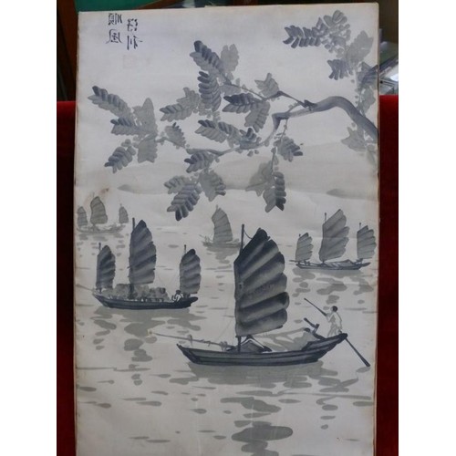 390 - VINTAGE CHINESE ARTWORK ON SILK. JUNK BOATS.