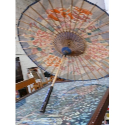 396 - VINTAGE ORIENTAL PAPER PARASOL. BIRDS & FLOWERS