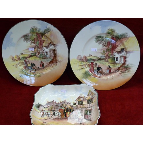 398 - ROYAL DOULTON SERIES WARE. 2 X RUSTIC ENGLAND PLATES & OLD ENGLISH COACHING SCENES SERVING DISH.