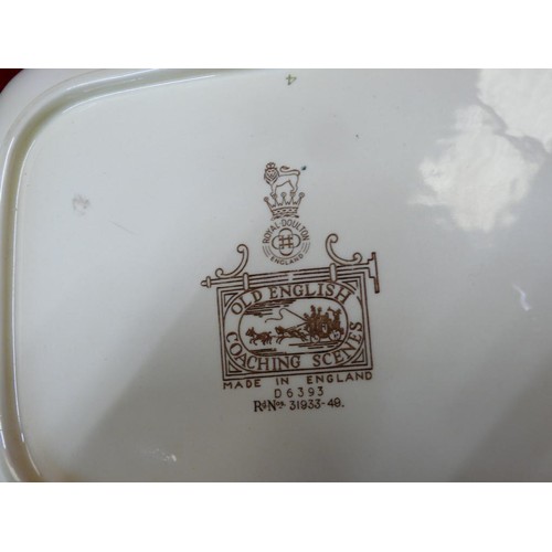 398 - ROYAL DOULTON SERIES WARE. 2 X RUSTIC ENGLAND PLATES & OLD ENGLISH COACHING SCENES SERVING DISH.