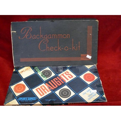 399 - VINTAGE BACKGAMMON CHECK-O-KIT, AND DRAUGHTS. IN ORIGINAL BOXES.