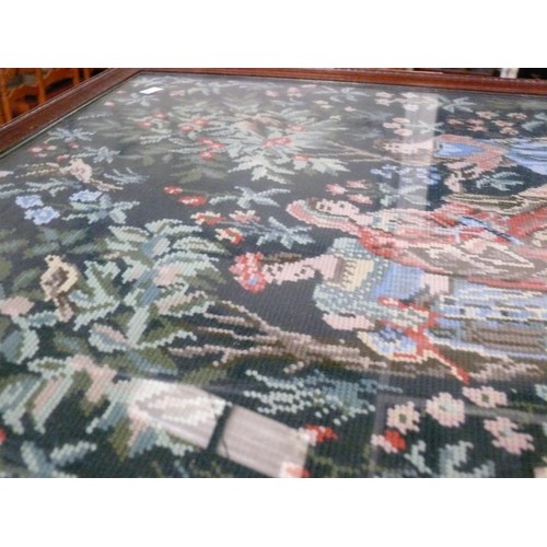 400 - BEAUTIFUL TAPESTRY TOPPED COFFEE TABLE WITH ELIZABETHAN FIGURES & FORREST SCENE. CABRIOLE LEGS.