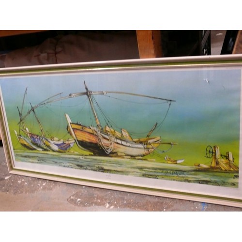 402 - 'BEACHED' BY EUAN FRASER. LARGE FRAMED PRINT OF BOATS IN HARBOUR. VIBRANT COLOURS.