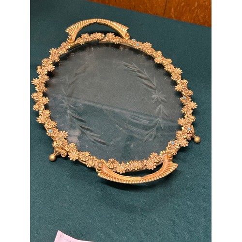 9 - A VERY ORNATE GILT AND ENGRAVED GLASS SERVING TRAY