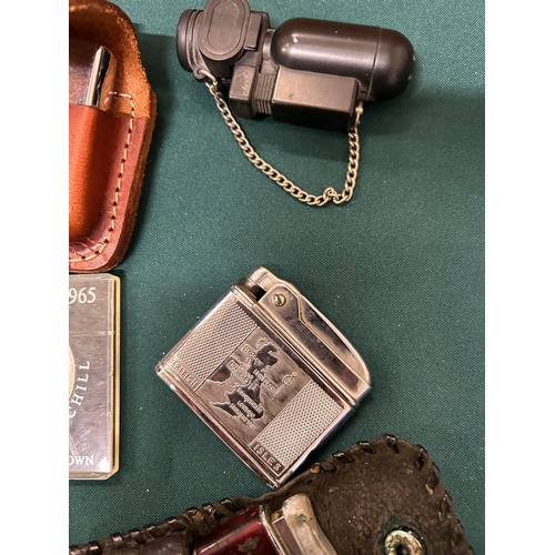 40 - A COLLECTION OF LIGHTERS INCLUDING BUTANE TORCH  ZIPPO IN LEATHER CASE CALIBRI  A ROCAR VINTAGE WATC... 