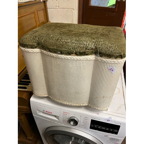 479 - SMALL LLOYD-LOOM STYLE OTTOMAN. CREAM PAINTED WITH GREEN PADDED SEAT.