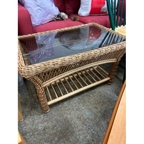 465 - RECTANGULAR BASKET-WORK COFFEE TABLE WITH SMOKED GLASS INSERT