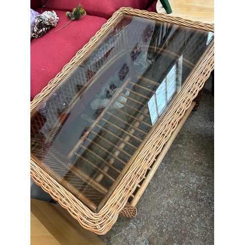 465 - RECTANGULAR BASKET-WORK COFFEE TABLE WITH SMOKED GLASS INSERT