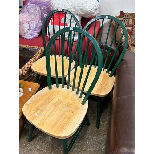 460 - SET OF 3 BEECH KITCHEN CHAIRS WITH FOREST GREEN BACKS & LEGS