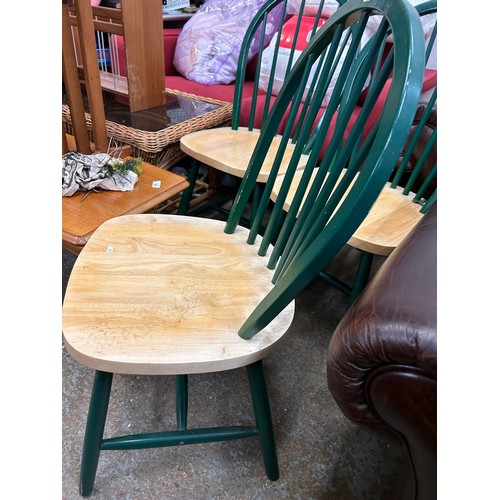 460 - SET OF 3 BEECH KITCHEN CHAIRS WITH FOREST GREEN BACKS & LEGS