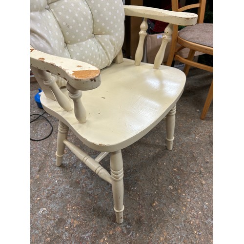 349 - PINE CARVER CHAIR. CREAM PAINTED WITH CUSHION