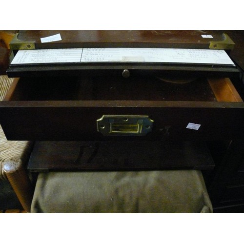 432 - RETRO TELEPHONE TABLE WITH PULL-OUT WRITING SURFACE, PADDED PULL-OUT SEAT. BRASS CORNERS.