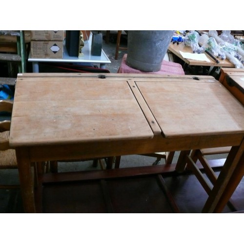 436 - VINTAGE DOUBLE SCOOL DESK WITH HINGED LIDS & INK/PEN HOLES.