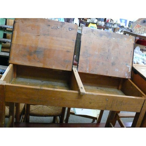 436 - VINTAGE DOUBLE SCOOL DESK WITH HINGED LIDS & INK/PEN HOLES.