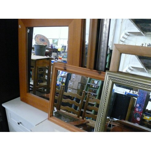 438 - 6 X CONTEMPORARY MIRRORS. MIXED SIZE & STYLE INC PINE, PEWTER COLOUR ETC