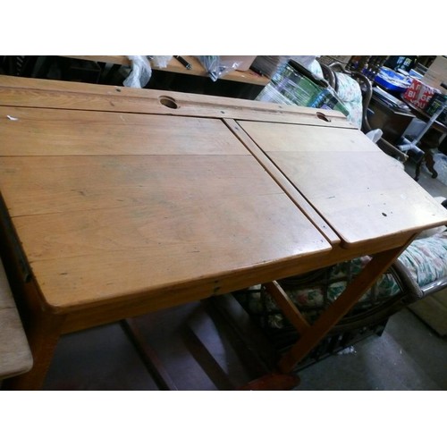 443 - VINTAGE SCHOOL DESK. DOUBLE WITH HINGED LIDS, INK/PEN HOLES.