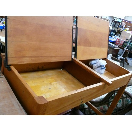 443 - VINTAGE SCHOOL DESK. DOUBLE WITH HINGED LIDS, INK/PEN HOLES.