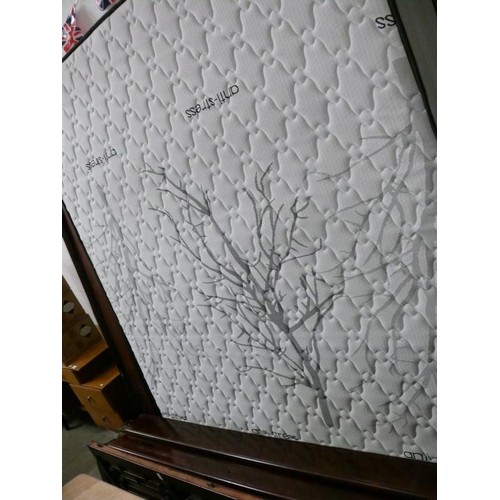 444 - SUPER-KING BED AND MATTRESS. BED FRAME IS DARK SOLID WOOD WITH UNUSUAL CHINESE SCREEN STYLE BASE. AN... 