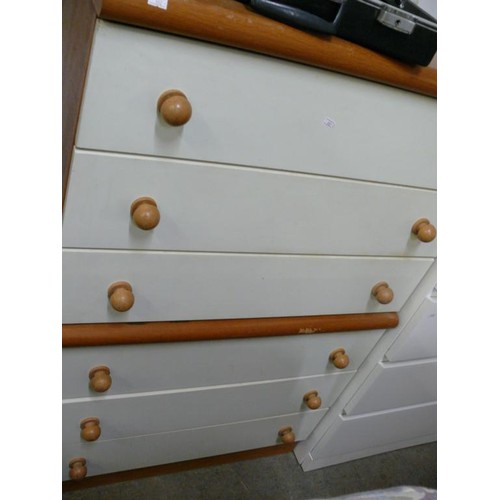 451 - PAIR OF 3 DRAWER BEDROOM CHESTS. CREAM WITH PINE.