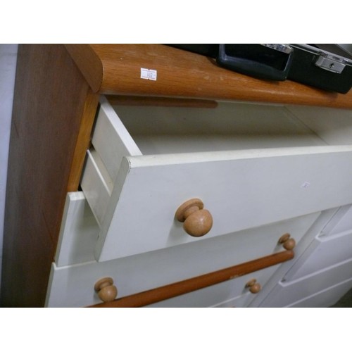 451 - PAIR OF 3 DRAWER BEDROOM CHESTS. CREAM WITH PINE.