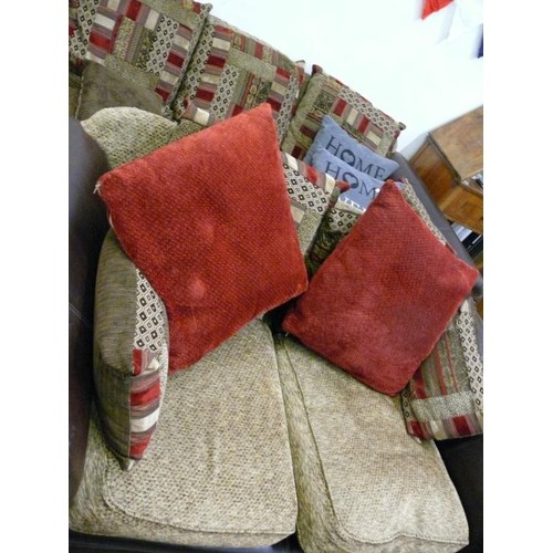 455 - 3 SEATER AND 2 SEATER BROWN LEATHER SOFAS WITH LARGE PATCHWORK CUSHIONS IN DEEP REDS/BROWN/SAND.