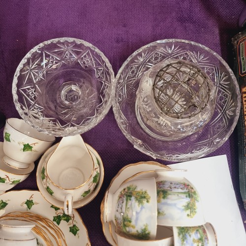 153 - TWO COLCLOUGH BONE CHINA TEA SERVICES, IVY LEAF AND COUNTRY SCENE & GLASS BOWLS