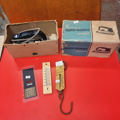 57 - RETRO MORPHY RICHARDS IRON, SALTER PICKET BALANCE SCALE, THERMOMETER, SOLAR CALCULATOR.