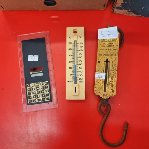 57 - RETRO MORPHY RICHARDS IRON, SALTER PICKET BALANCE SCALE, THERMOMETER, SOLAR CALCULATOR.