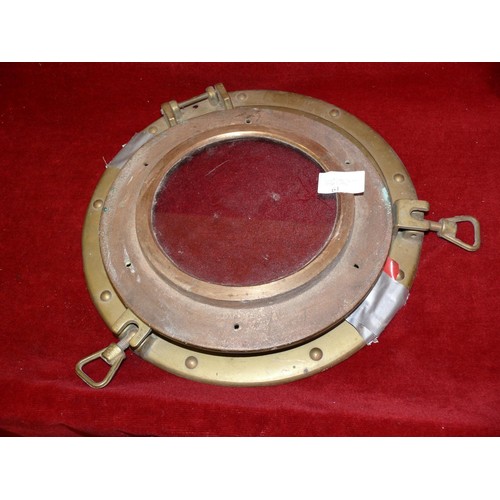 61 - 2 VINTAGE BRASS PORTHOLES, 1 WITH GLASS PANEL